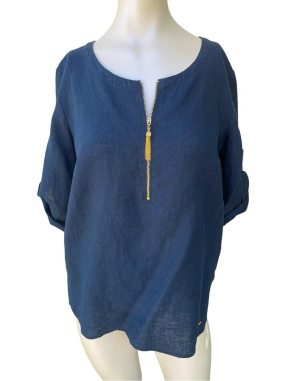 Ellen Tracy Navy Blue 100% Linen Zipper Front Tassel Blouse Tunic Medium